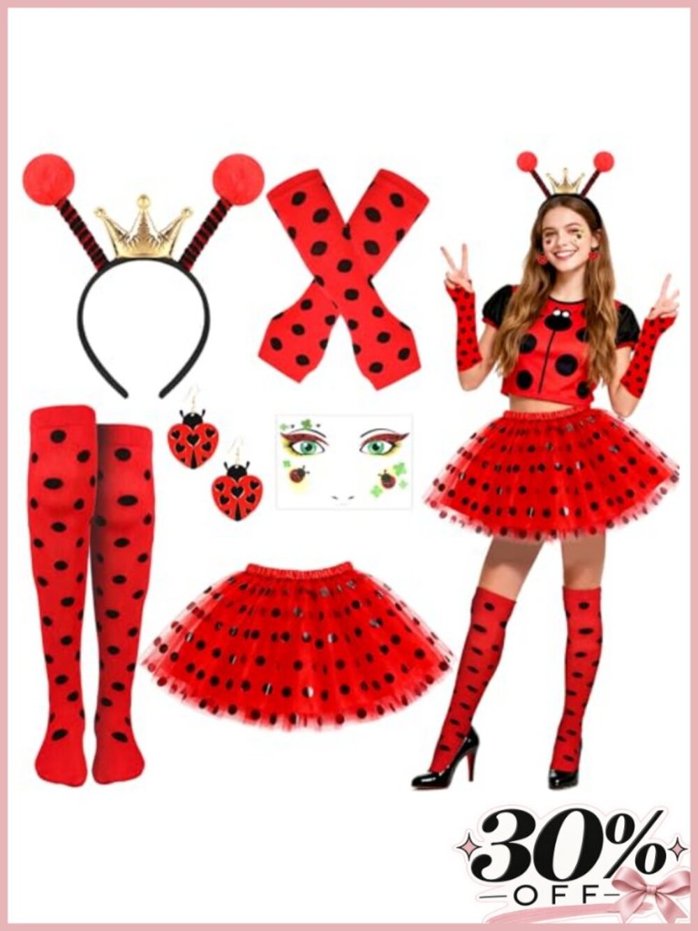 6pc Ladybug Costume Set Tutu Headband Earrings Socks Gloves Halloween Cosplay